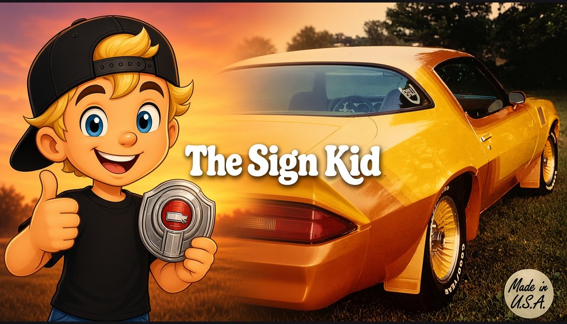 The Sign Kid blonde boy mascot with a classic yellow Z28 Camaro