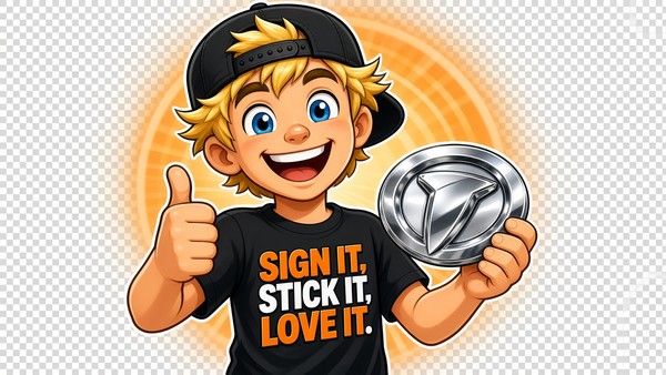 The Sign Kid mascot — cute blonde boy with chrome emblem