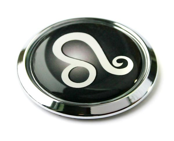 Round Leo zodiac chrome emblem with a polished chrome rim and a black domed center showing the white Leo symbol