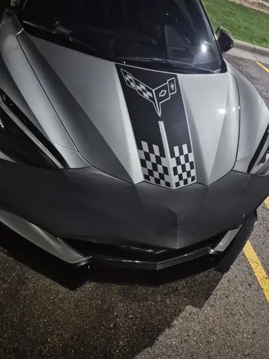Black and white checkered decal on a sports car hood