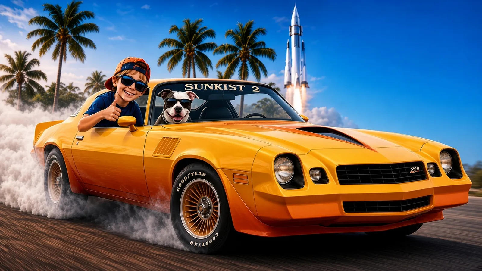 Smiling blonde boy in sunglasses and a backwards cap riding with Bulzye, a black-and-white pit bull in sunglasses, in the owner's yellow-to-orange fade Sunkist 2 Camaro Z28 with gold wire wheels, palm trees and a rocket launch behind